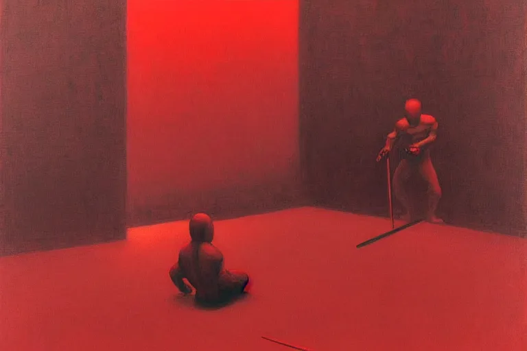 Image similar to only with red, a red samurai do seppuku, tokio, a lot of frogs watch, in the style of beksinski, parts by edward hopper, parts by rodcenko, parts by yue minjun, intricate and epic composition, red by caravaggio, insanely quality, highly detailed, masterpiece, red light, artstation, 4 k