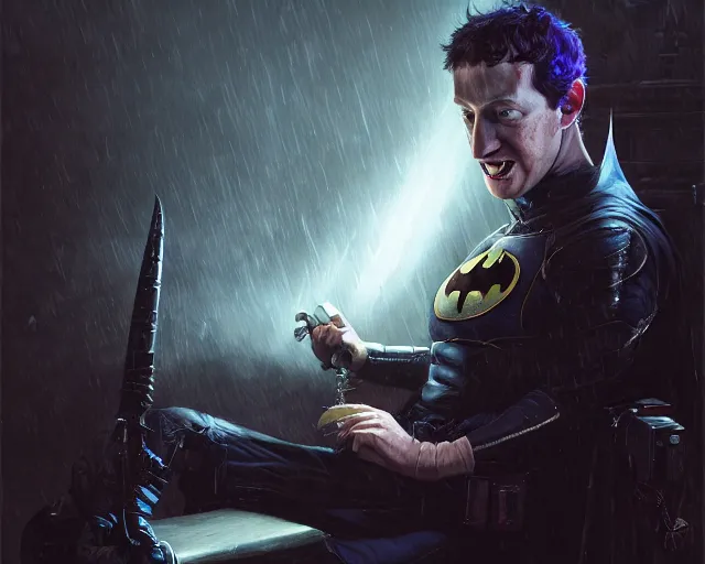 Image similar to highly detailed portrait of mark zuckerberg as the batman who laughs, in mortal kombat 1 1, stephen bliss, unreal engine, fantasy art by greg rutkowski, loish, rhads, ferdinand knab, makoto shinkai and lois van baarle, ilya kuvshinov, rossdraws, tom bagshaw, global illumination, radiant light, detailed and intricate environment