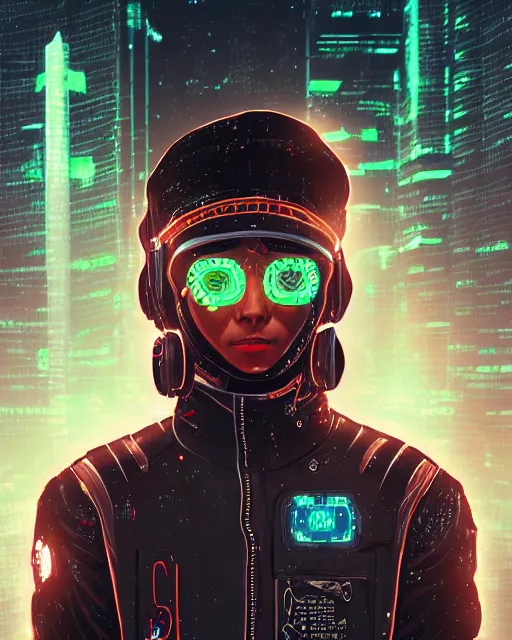 Prompt: detailed portrait neon guard man with short brown hair seen from the back, cyberpunk futuristic, reflective puffer jacket, black leggings, decorated with traditional ornaments in front of a dystopian crowd with piles of garbage perfect face, fine details, realistic shaded, fine - face, pretty face by rossdraws