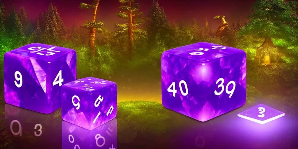 Image similar to giant magical 3 d d 6 casino dice cube amethyst, glowing, energy radiating, fantasy forest in the background, 4 k detailed, by shaddy safadi and cam sykes and james paick