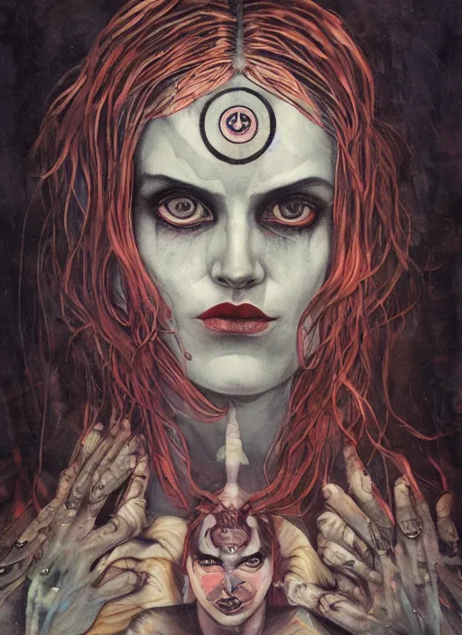 Image similar to tripping magic cult psychic woman, painted face, third eye, energetic consciousness psychedelic, epic surrealism expressionism symbolism, symmetrical face, dark myth mythos, by joao ruas, masterpiece