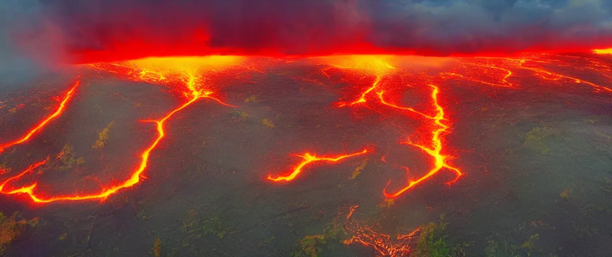 Prompt: lava flowing trough the amazone lightning clouds, sunset, mountains, 4 k, hd, explosive, colorfull