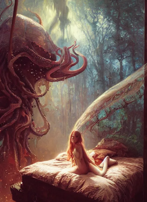 Image similar to my bed is a forest with a giant cthulhu eyes in the dark by gaston bussiere, anna nikonova aka newmilky, greg rutkowski, yoji shinkawa, yoshitaka amano, moebius, donato giancola, geoffroy thoorens, trending on artstation, featured on pixiv, cinematic composition