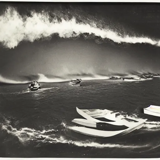 Image similar to insane by walker evans. the installation art of a huge wave about to crash down on three small boats. the boats are filled with people, & they all look terrified.