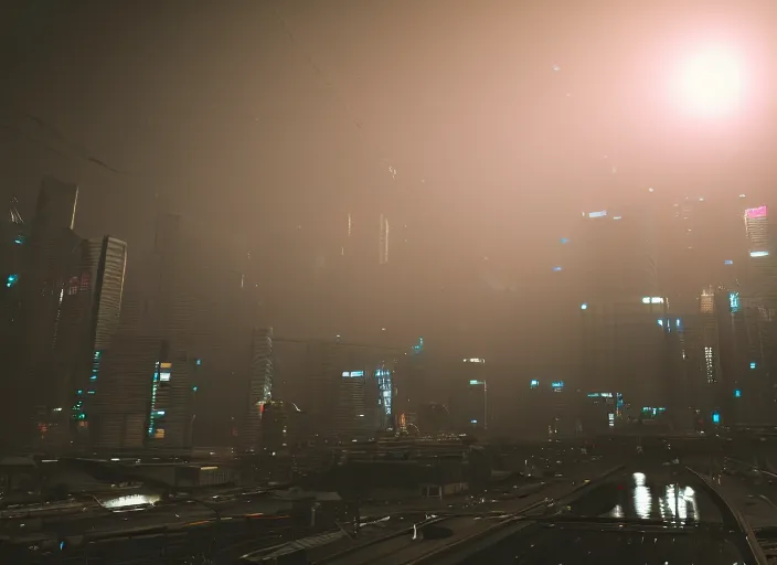 Image similar to solarpunk scifi scene of tokyo mixed with san francisco at night, artstation, very detailed,, ambient occlusion, volumetric light, atmospheric haze, unreal engine, hyper realism, realistic shading, cinematic composition, realistic render, grayish tint, octane render, detailed textures, photorealistic, wide shot