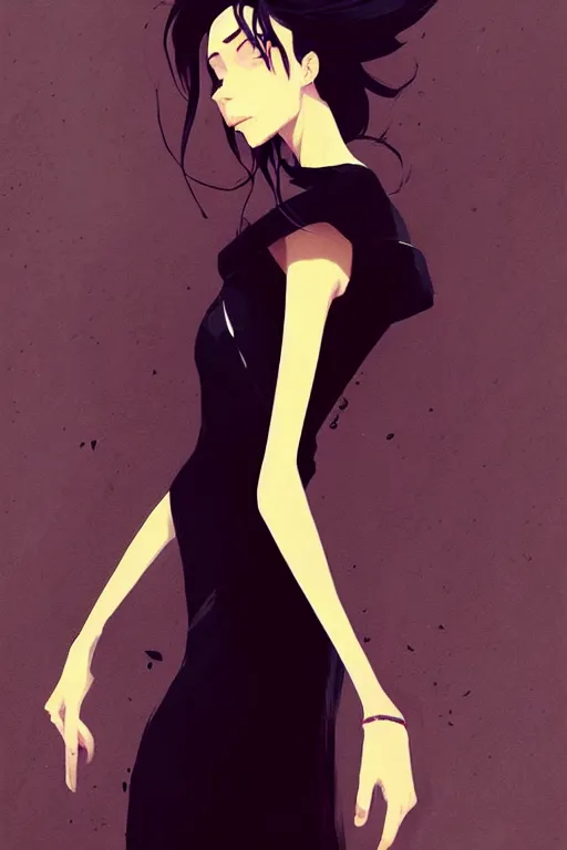 Image similar to a ultradetailed beautiful panting of a stylish woman wearing a black dress, by conrad roset, greg rutkowski and makoto shinkai, trending on artstation