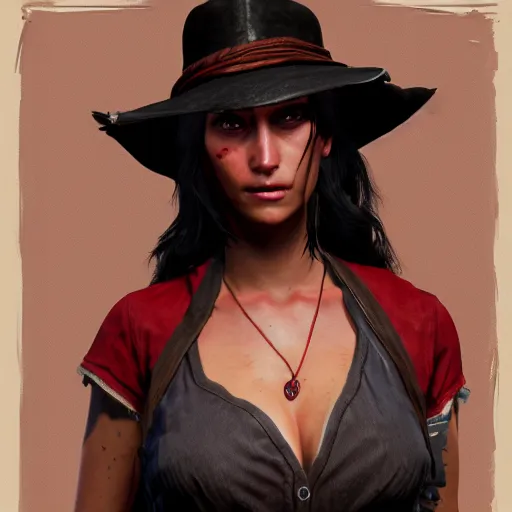 Image similar to tan woman with long dark hair and dark eyes in Red Dead Redemption 2, hyper detailed, concept art, 8k, artstation, cgsociety