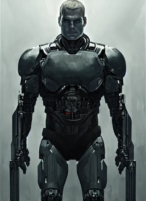 Image similar to henry cavill as victor stone, full body concept, cyborg, borg, strogg, face of a man, terminator, flesh, quake strogg, doom demon, wolfenstein, monstrous, powerful, symmetry, symmetrical, concept art by ruan jia and greg rutkowski