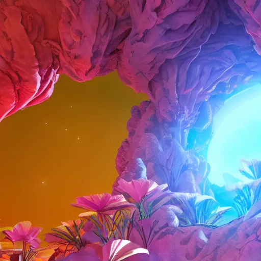 Image similar to an epic flowering alien landscape in the style of origami, 8 k, cinematic light, artstation