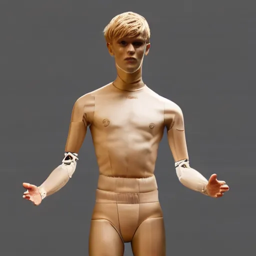 Image similar to a realistic detailed photo of a guy who is an attractive humanoid who is half robot and half humanoid, who is a male android, soccer player martin ødegaard, shiny skin, posing like a statue, blank stare, by the pool, on display, showing off his muscles, humanoid robot, frozen ice statue