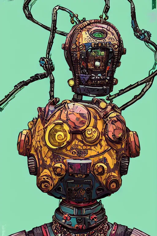 Prompt: Afrofuturism, a zulu voodoo mask helmet bot borderland that looks like it is from Borderlands and by Feng Zhu and Loish and Laurie Greasley, Victo Ngai, Andreas Rocha, John Harris