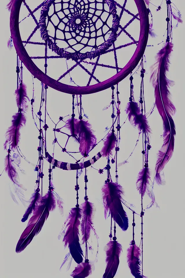 Image similar to a beautiful and intricate dreamcatcher made from bone and gnarled wood and blue and purple feathers, twisting, twirling, loops, hexagonal shapes, concept art, highly detailed, realistic, ornate, fine detail, 4k, octane render, vray, unreal engine