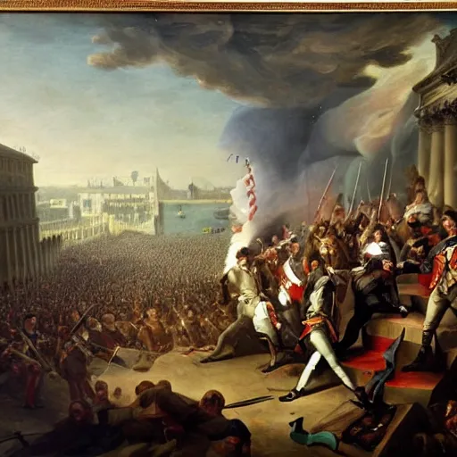 Prompt: Francois hollande leads the French Revolution (1789) against invading aliens, oil on canvas, 1882. Epic, grandiose, scale