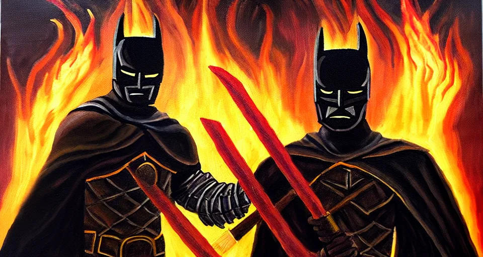 Image similar to An oil painting of a dark knight wielding a flaming sword