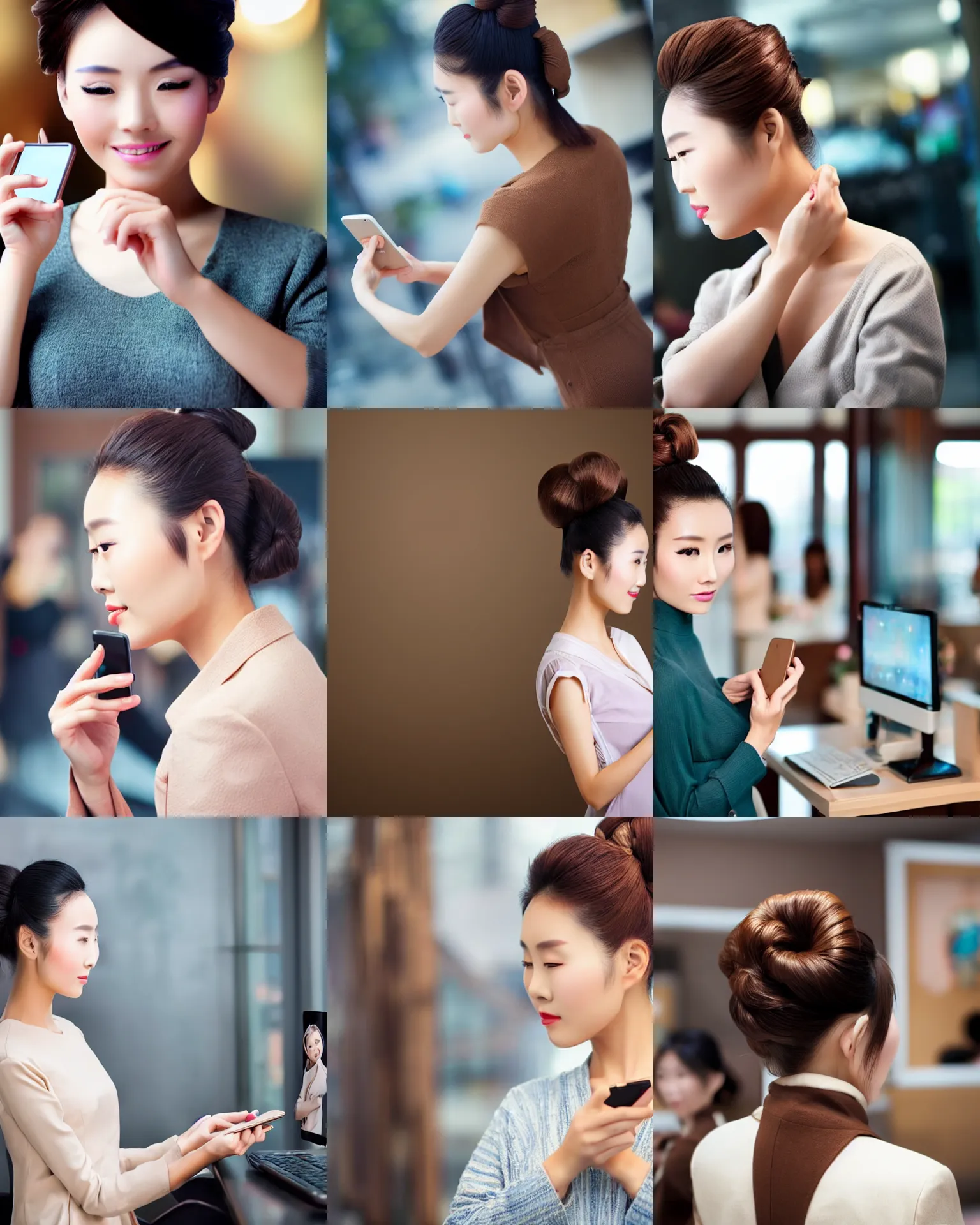 Prompt: light brown updo chinese beauty on the mobile phone facing the computer display, full body, wide angle lens, bokeh