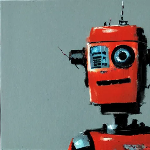 Image similar to oil painting of a robot with decals by ashley wood