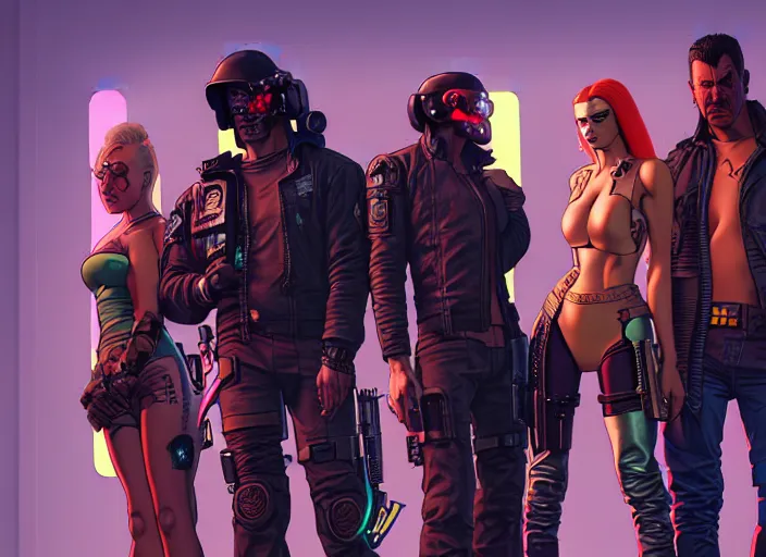 Image similar to cyberpunk bounty hunter crew. portrait by stonehouse and mœbius and will eisner and gil elvgren and pixar. character design. realistic proportions. cyberpunk 2 0 7 7 character art, blade runner 2 0 4 9 concept art. cel shading. attractive face. thick lines. the team. diverse characters. artstationhq.