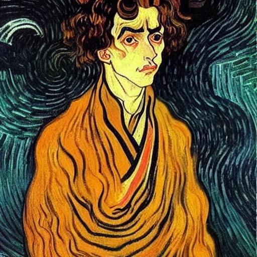 Image similar to painting of handsome beautiful dark medium wavy hair man in his 2 0 s, dressed as an oracle he has a vision for the future!! looking upward to the heavens above!! slight smile, foreseeing the future!! elegant, clear, painting, highly stylized, art by vincent van gogh, egon schiele