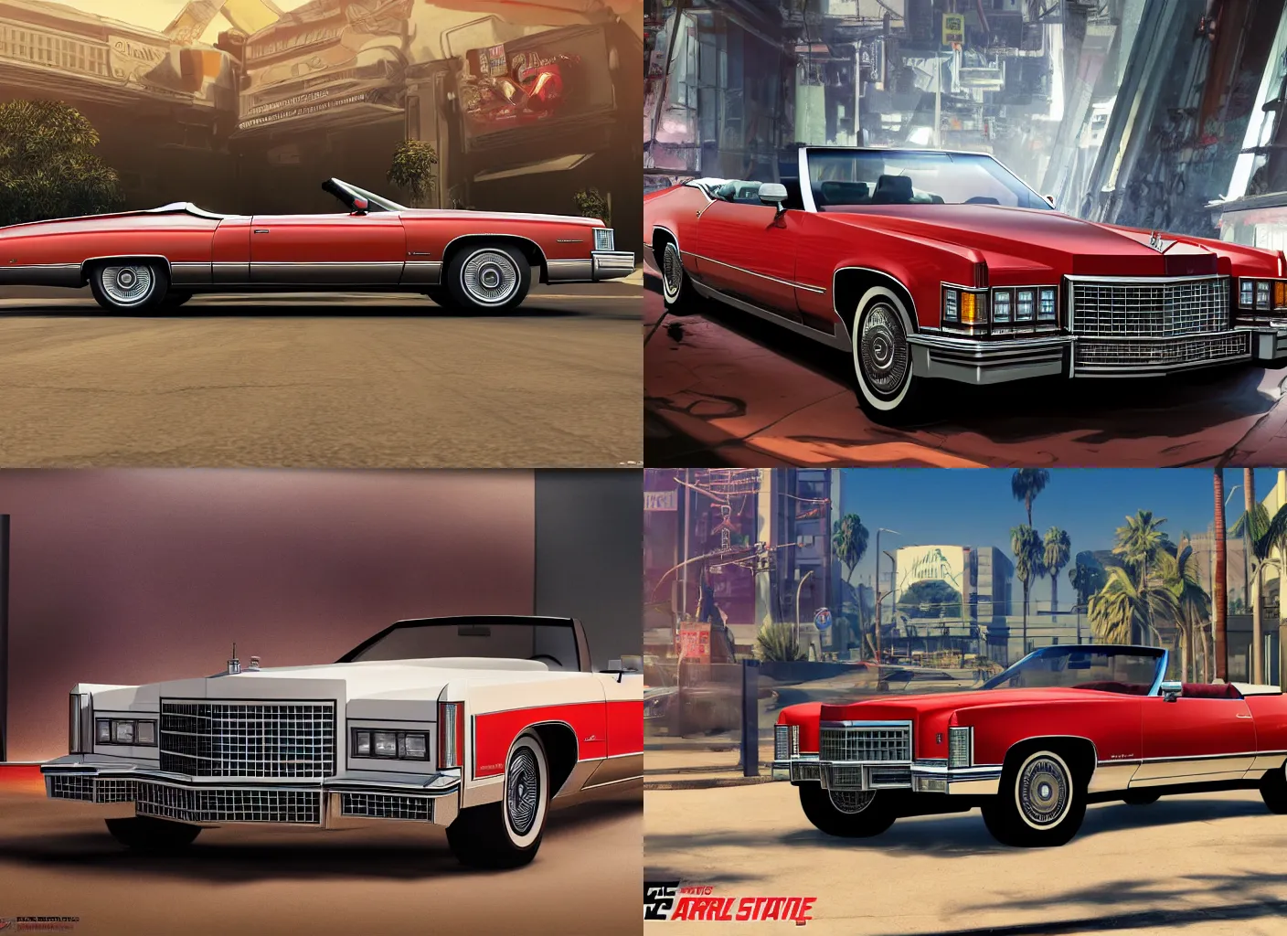 Prompt: frontal front absolute front view picture, one single red 1975 cadillac eldorado convertible car as a grand theft auto 5 loading screen, front view, intricate, studio, art by anthony macbain + greg rutkowski + alphonse mucha, concept art, 4k, sharp focus