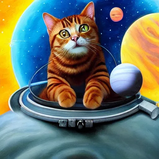 Prompt: cat in astronaut suit floating in space with ringed planet in background detailed magical realism painting trending on artstation