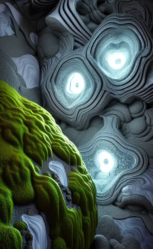 Image similar to highly detailed ultra sharp 3 d render cinematic composition of a smooth ceramic porcelain biomorphic magnolia stone nebula fluid fractal sci - fi surreal architecture landscape, granite, metallic, magnesium, marble, moss and lichen, vincent callebaut composition, mamou - mani, archviz, beautiful lighting, 8 k, unreal engine, hdr,