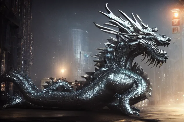 Image similar to cinematic shot of a silver chinese dragon, detailed textures, midnight city lights, strong bokeh, dramatic lighting, unreal engine, cgsociety, artstation, 4k