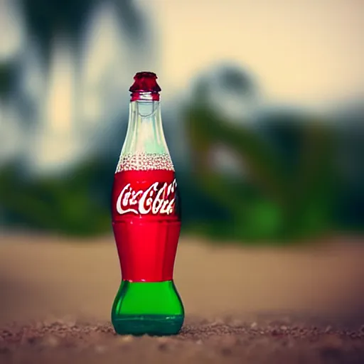 Prompt: coca cola bottle wearing a bikini on the beach digital art, close shot, detailed, colorful, bokeh, art,