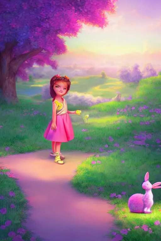 Image similar to matte sharp painting cute little girl and rabbit landscape painted by mark rydel artstation behance storybook lisa frank