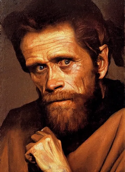 Image similar to portrait painting of willem dafoe with stubble, renaissance oil painting, chiaroscuro
