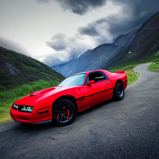 Image similar to black pontiac firebird trans - am driving towards the camera, zerglings running towards the car, norway mountains, valley, lake, dynamic, cinematic, motionblur, volumetric lighting, wide shot, low angle, red glow in sky, large lightning storm