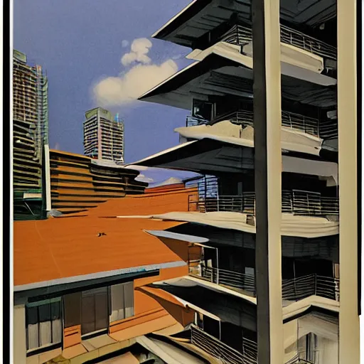 Image similar to art of two singapore students on the roof of a hdb flat, by syd mead