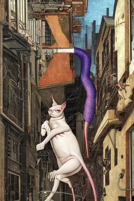 Prompt: a cyborg! sphynx cat!!, in a cyberpunk alleyway by sandro botticelli