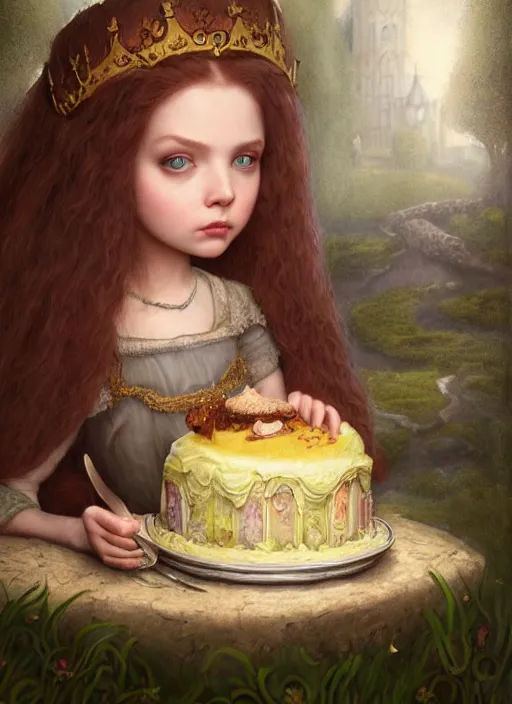 Image similar to highly detailed closeup portrait of an irish fairytale medieval princess eating cake, unreal engine, nicoletta ceccoli, mark ryden, lostfish, earl norem, global illumination, god rays, detailed and intricate environment