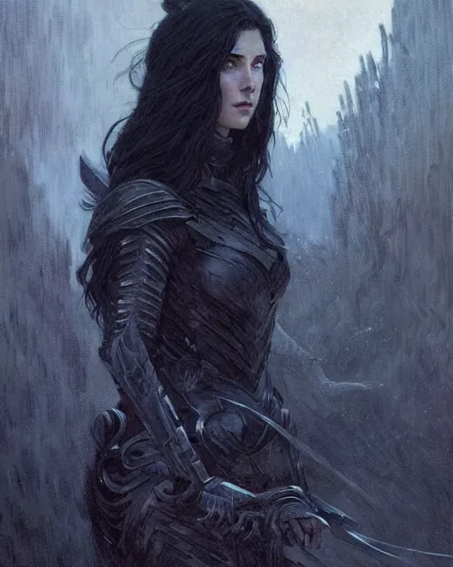 Image similar to a beautiful woman dark hair in an armor with dark eyes, elegant, dark blue, ethereal horror fantasy art by greg rutkowski and magali villeneuve and claude monet