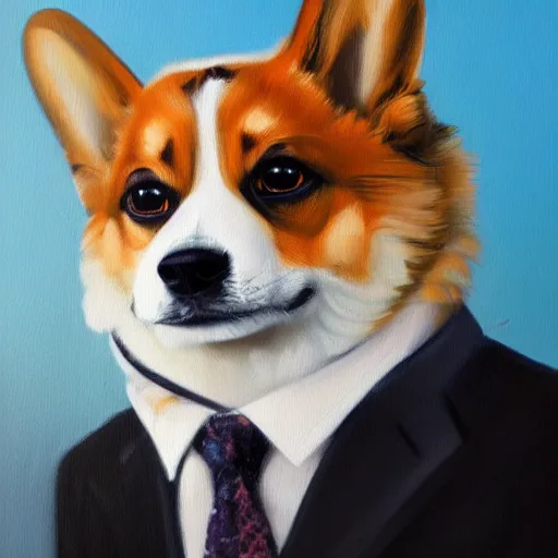 Prompt: oil painting, a developer corgi in a suit, intricate, masterpiece, artstation, stunning