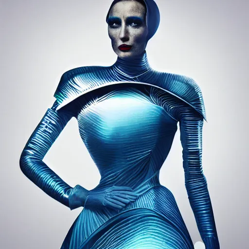 Image similar to a beautiful woman wearing a futuristic dress by alexander mcqueen, thom browne, junya watanabe, artgerm, arabian beauty, blue eyes, smile, futuristic, organic dress, pattern, concept art, fantasy