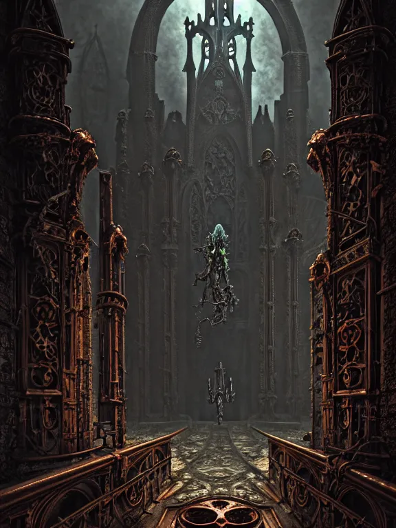 Image similar to steam necropolis, memento mori, gothic, neo - gothic, art nouveau, hyperdetailed copper patina medieval icon, stefan morrell, philippe druillet, ralph mcquarrie, concept art, steampunk, unreal engine, detailed intricate environment, octane render, moody atmospherics, volumetric lighting, ultrasharp, ominous, otherworldly