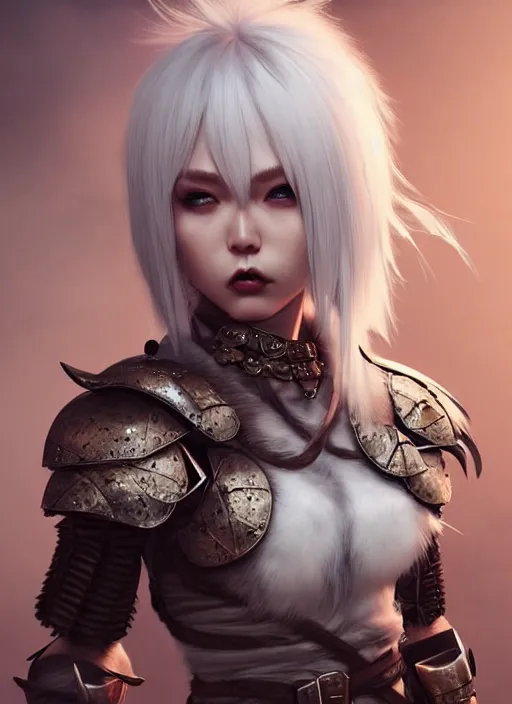 Image similar to barbarian, fur leather armor!!! beautiful and elegant white hair female!! gorgeous ayes!! character concept art, sharp focus, octane render! unreal engine 5! highly rendered!! trending on artstation!! detailed linework!! illustration by artgerm, wlop, and chie yoshii