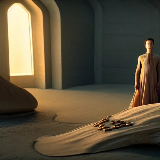 Image similar to colour aesthetic highly detailed photography scene from dune ( 2 0 2 1 ) by denis villeneuve and gregory crewdson style with hyperrealistic highly detailed faces. many details by andrei tarkovsky and caravaggio in sci - fi style. volumetric natural light hyperrealism rendered in blender and octane render