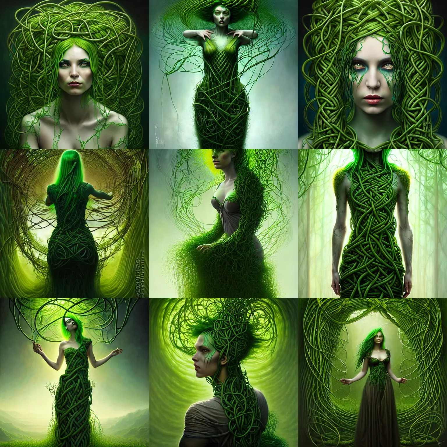 Prompt: a girl with green hair, wearing a dress made of vines, Full-bofy plan, ultra detailed, by Tomasz Alen Kopera and Peter Mohrbacher
