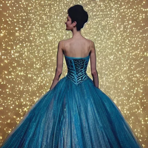 Prompt: Stunning photograph of a model wearing magnificent and ethereal ball gown inspired by Van Gogh's Starry Night. Studio lighting