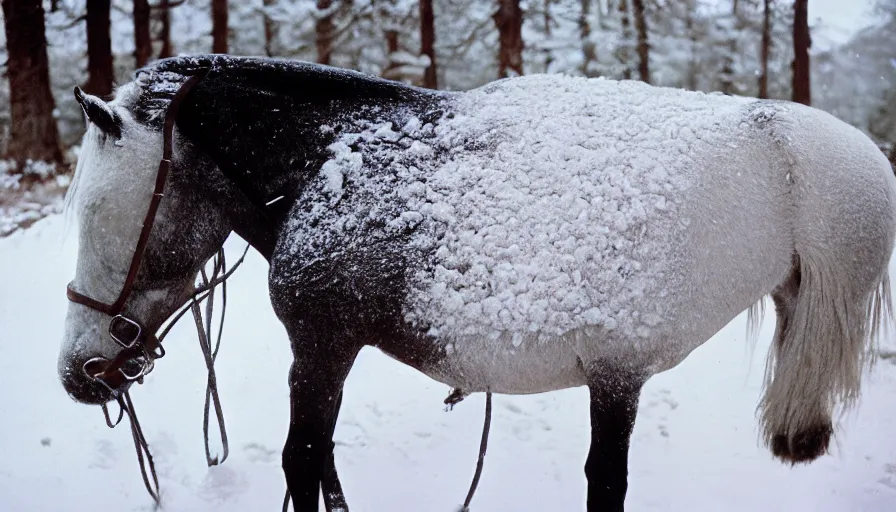 Image similar to 1 9 6 0 s movie still close up of marcus aurelius frozen to death under the snow, a horse frozen under the snow by the side of a river with gravel, pine forests, cinestill 8 0 0 t 3 5 mm, high quality, heavy grain, high detail, texture, dramatic light, anamorphic, hyperrealistic, detailed hair, foggy