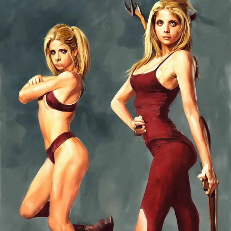 Image similar to A painting of Sarah Michelle Gellar as Buffy Summers by Frank Frazetta, clothed, beautiful, highly detailed, trending on Artstation