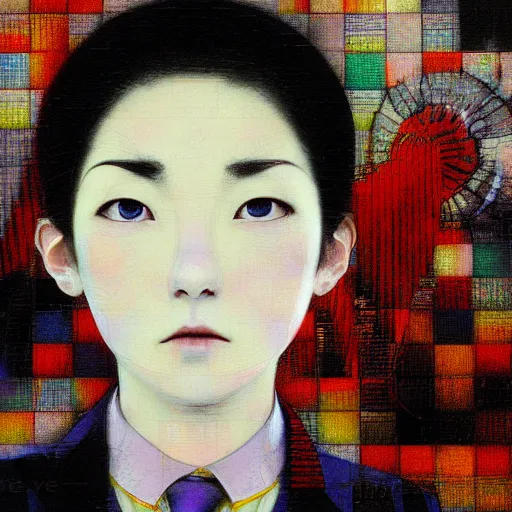 Image similar to yoshitaka amano blurred and dreamy realistic three quarter angle portrait of a young woman with short hair and black eyes wearing office suit with tie, junji ito abstract patterns in the background, satoshi kon anime, noisy film grain effect, highly detailed, renaissance oil painting, weird portrait angle, blurred lost edges