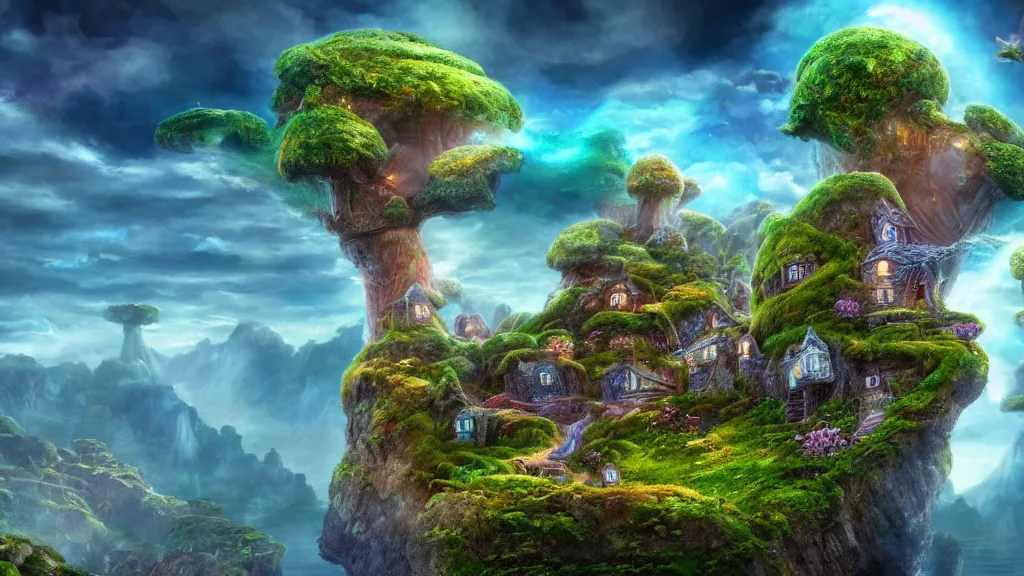 Image similar to fantasy micro world toadstool cottages islands suspended in the air like in the Avatar movie, fantasy artwork, very beautiful scenery, hd, hdr, unreal engine 5, cinematic 4k wallpaper, 8k, ultra detailed, high resolution, artstation