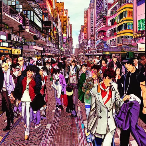 Image similar to a beautiful painting of people traveling down a busy city street by hirohiko araki, detailed line art, jojos bizarre adventure