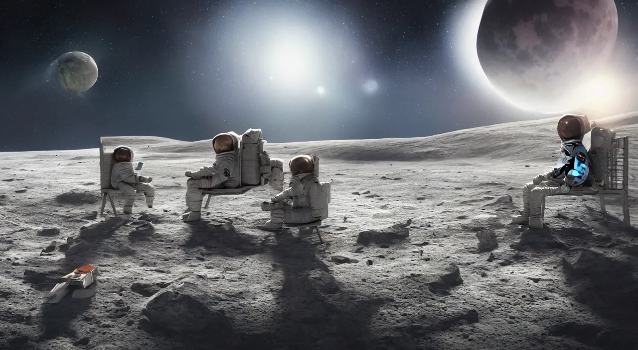 Image similar to hyper realistic matte painting of astronaut on the moon sitting on concrete bench in the foreground, back to the camera, reading book planet earth visible above horizon, back lighting, highly detailed, trending on artstation, concept art, art by jan matejko