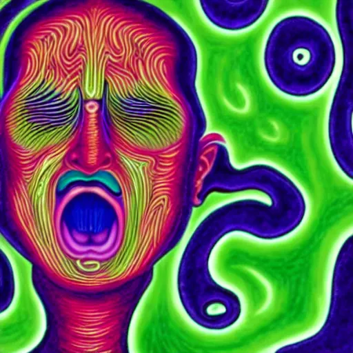 Prompt: A Person Mid Sneeze, in the art style of Alex Grey,