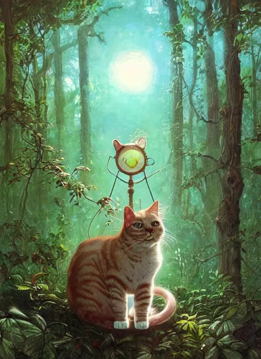 Image similar to a hyper realistic cat god with happy lighting and technology jewelry in the woods gorgeous lighting, sunbeams blue sky, lush forest foliage painting by chiara bautista and beksinski and norman rockwell and greg rutkowski weta studio, and lucasfilm