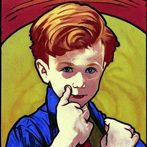 Image similar to a cute little boy with a mischievous face and short ginger hair. he is dressed as a superhero. well composed, clean elegant painting, beautiful detailed face. painting by steve ditko and jack kirby and ( alphonse mucha )